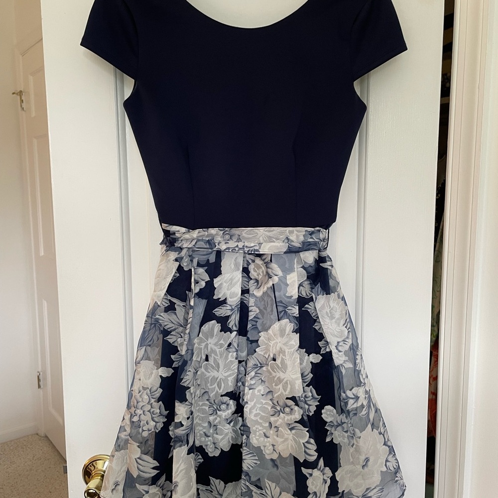 B Darlin Blue and White Pleated Fit and Flare Mini Dress